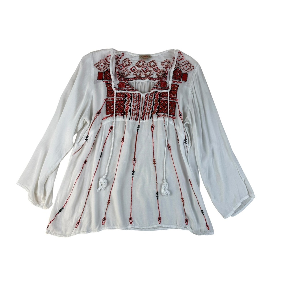 Boho Peasant Blouse Viscose Embroidered Tassel Small Scully